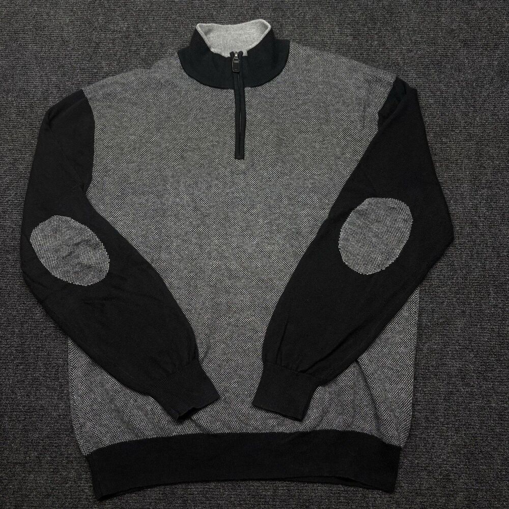 Jos. A Bank Joseph XL Quarter Zip Sweater Cotton Cashmere Elbow Patch Grey Black